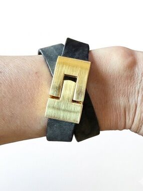 Leighelena Double Jigsaw Black Leather Wrap Bracelet